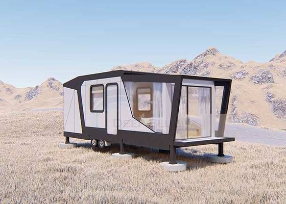 Casa minúscula luxuosa pré-fabricada de aço clara nas rodas e em micro cabines da casa pré-fabricada