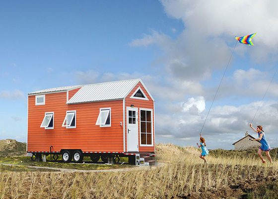 AS/US Prefabricated Tiny House Hotel Unit Orange Black Mobile House On Wheels For Travel